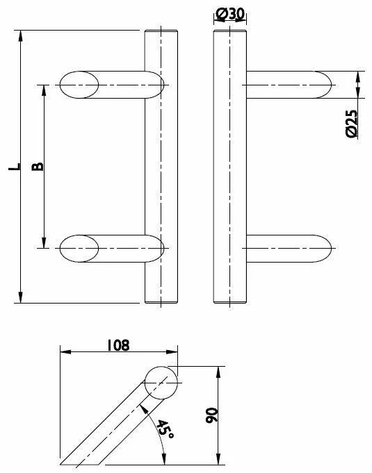 Stoßgriff Serie 8010 Ø 30 mm Länge 500 mm, Achsmaß 400 mm 2 schräge Stützen,inkl. einseit. Befestigung Oberfl. 60 (Edelstahl matt)
