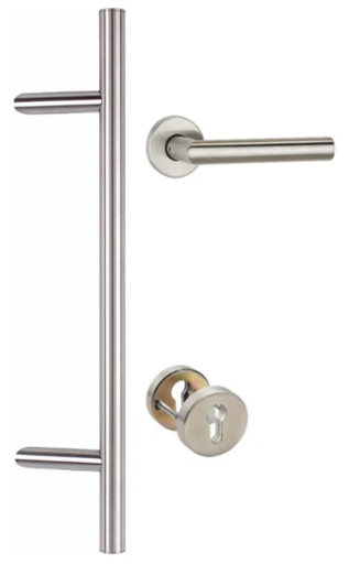 [7385095711] Hermat Edelstahl Haustürbeschlag 1000mm komplett / Stossgriff Klinke Rosette